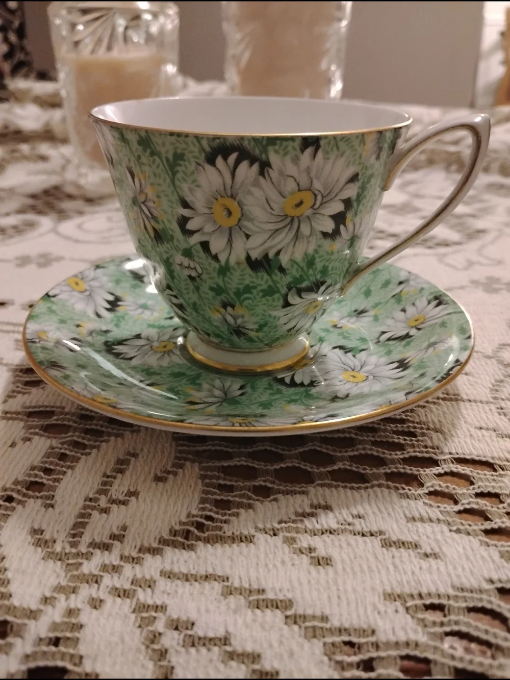 Shelley Green Daisy Chintz Bone China Cup & Saucer Set. Rare Ripon Shape